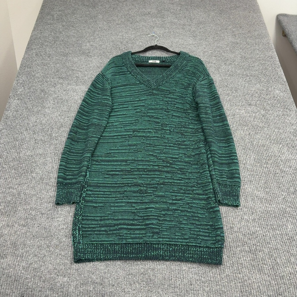 Uniqlo U Sweater Dress Womens S Green Cotton Polyester V-Neck Space Dye Casual